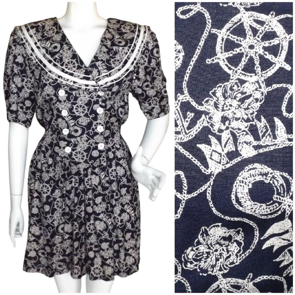 SAILOR Romper, M, Blue/White Nautical Print, Sailor Collar, Shorts, Pockets, Tie